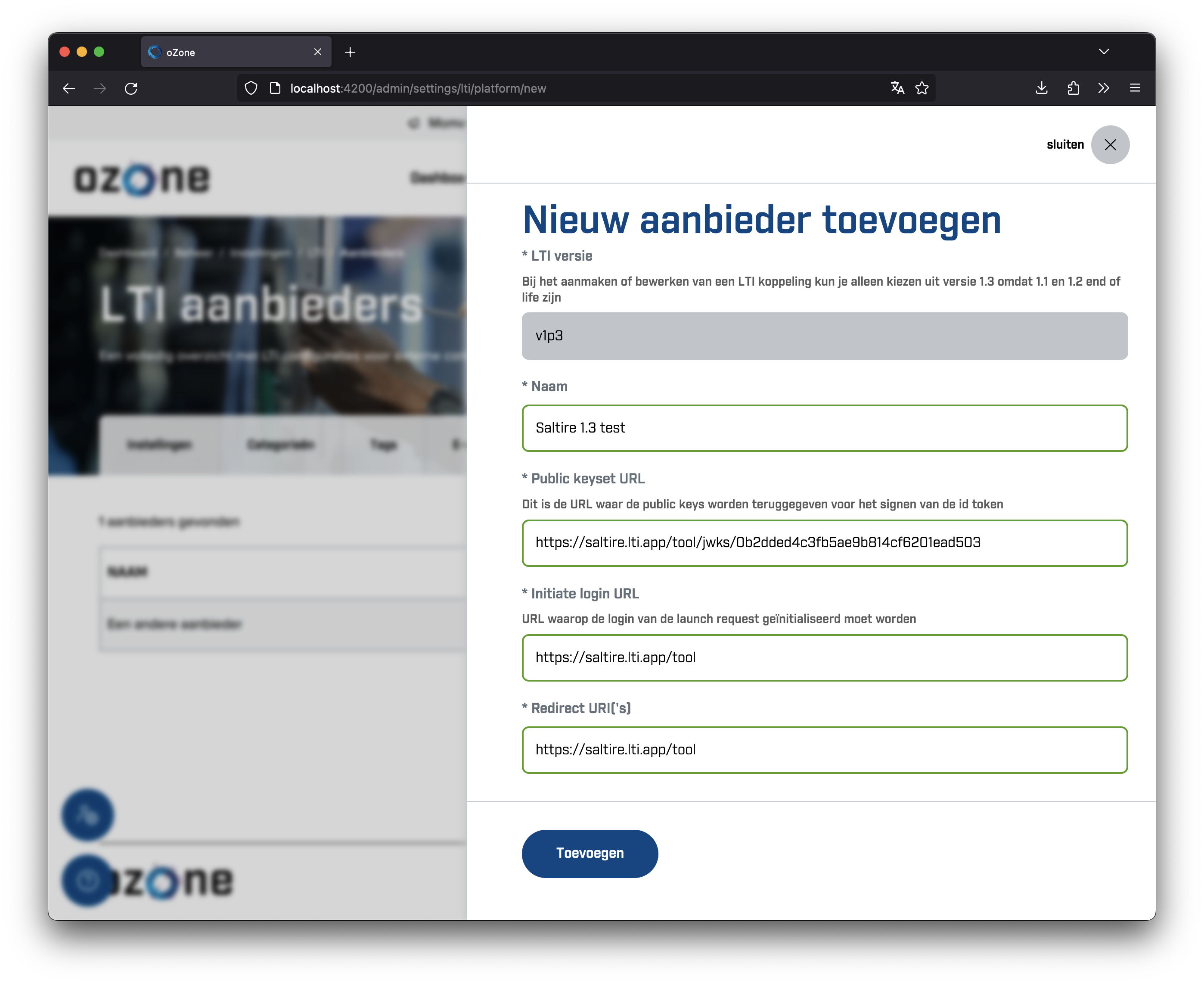 Screenshot Saltire LTI-configuratie pagina